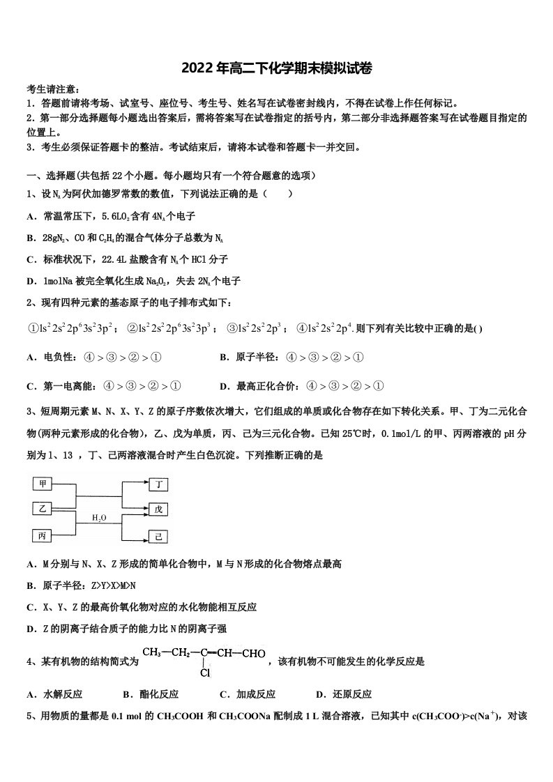 2022年河北省唐山二中教育集团迁西县第一中学高二化学第二学期期末综合测试模拟试题含解析