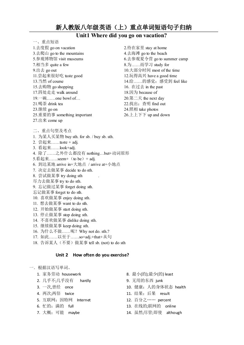 新人教版八年级英语上重点单词短语