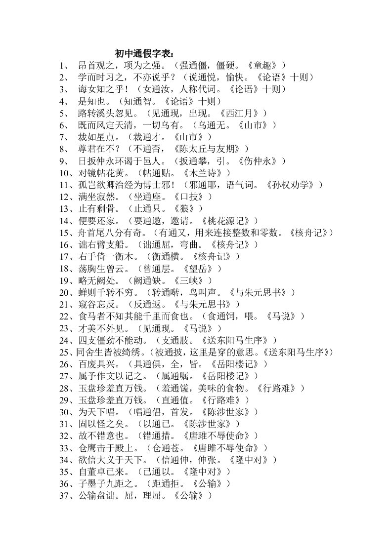 初中通假字、古今异义、一词多义表