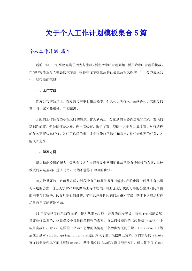 关于个人工作计划模板集合5篇