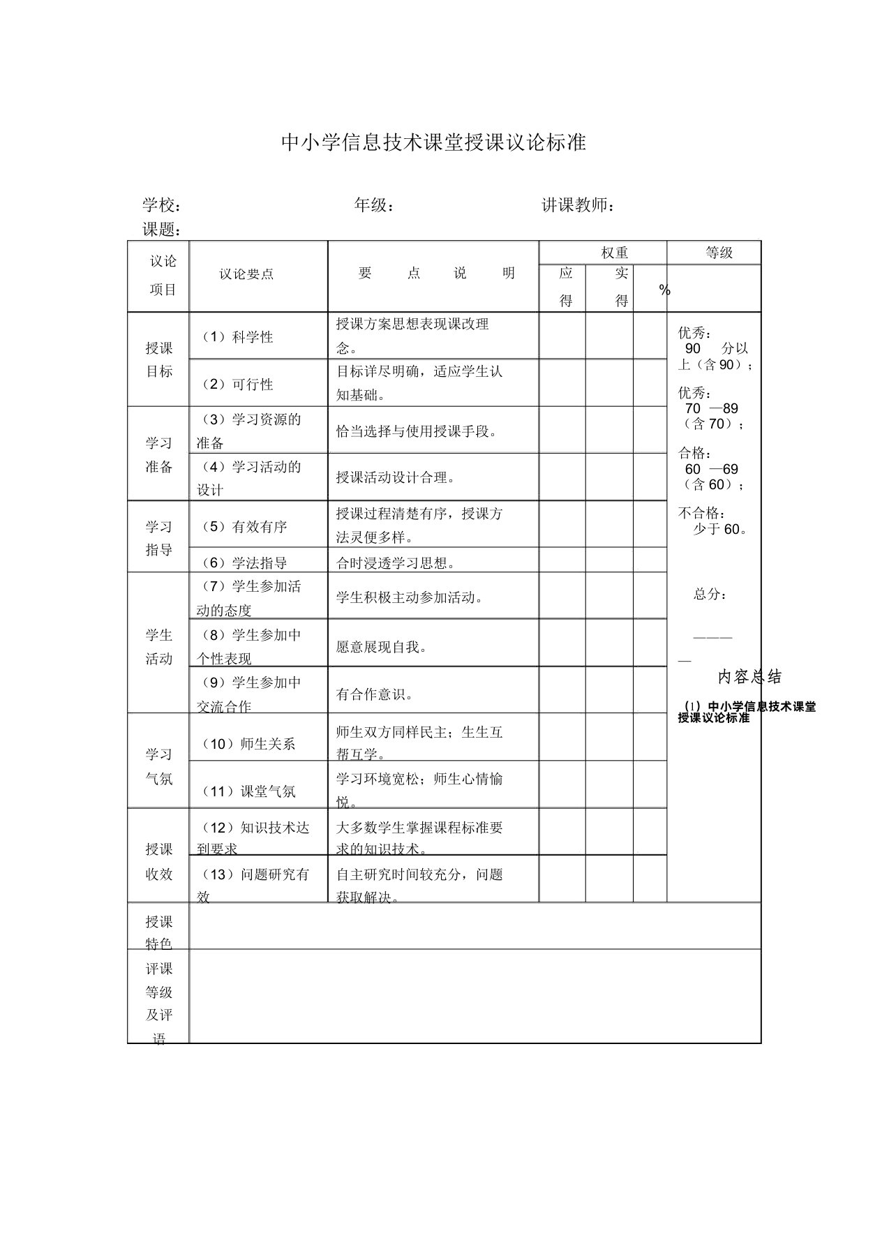 中小学信息技术课堂教学评价标准