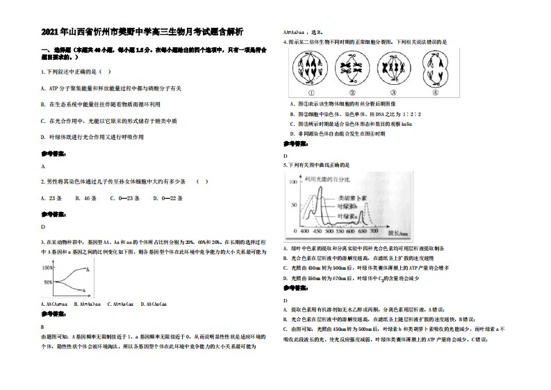 2021年山西省忻州市樊野中学高三生物月考试题含解析