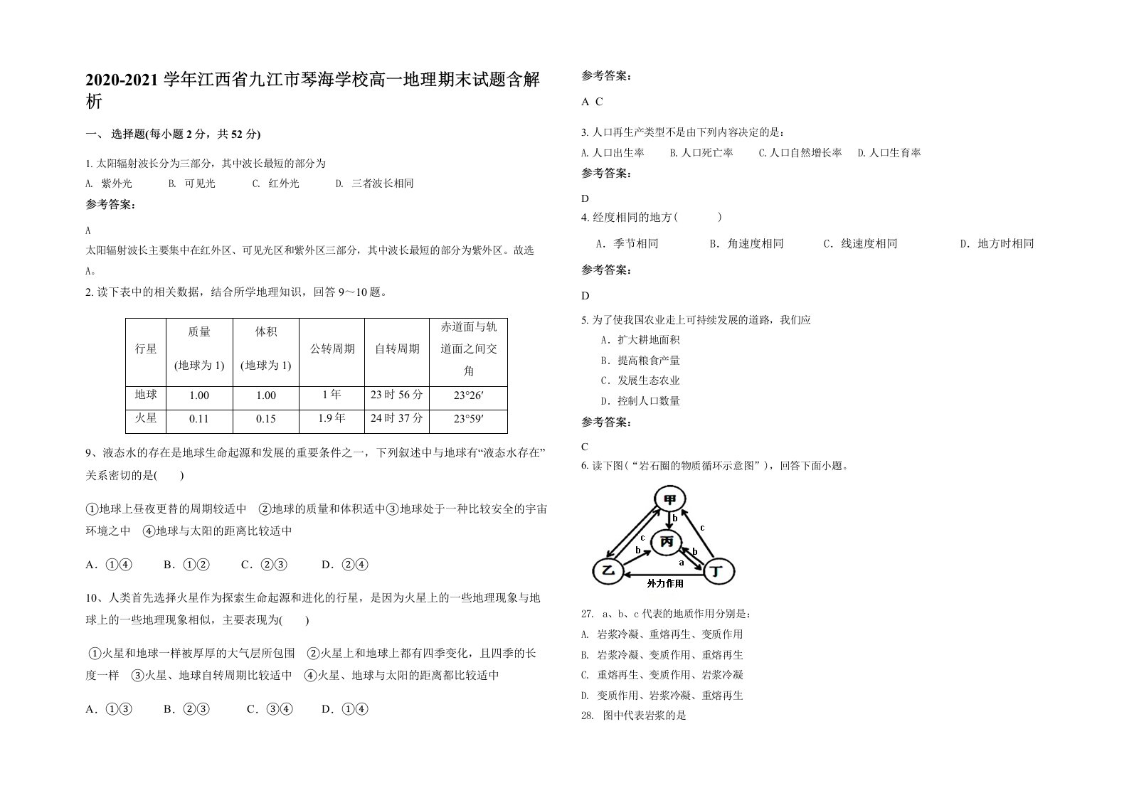 2020-2021学年江西省九江市琴海学校高一地理期末试题含解析