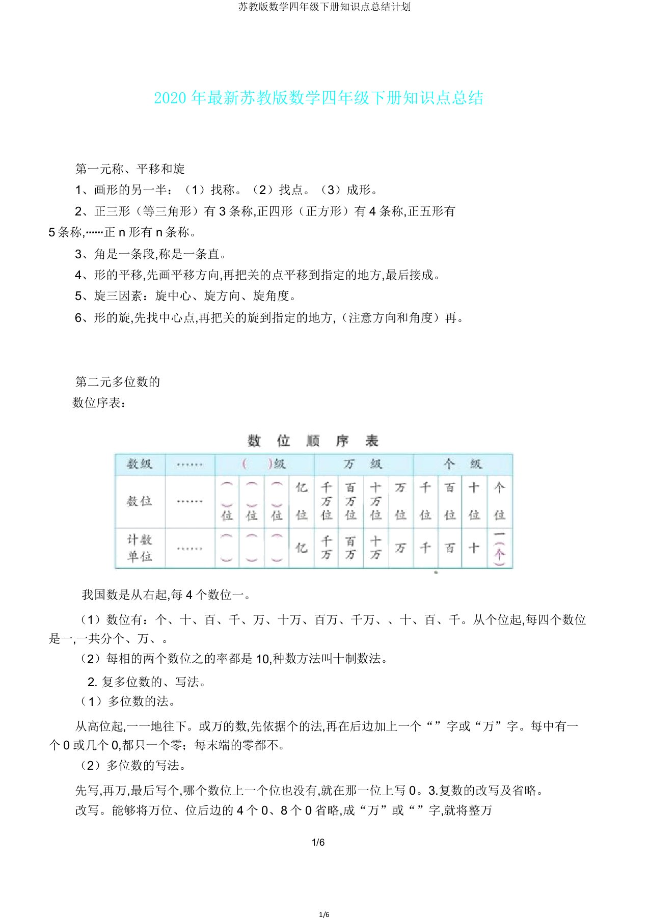 苏教版数学四年级下册知识点总结计划