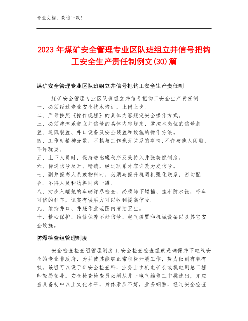 2023年煤矿安全管理专业区队班组立井信号把钩工安全生产责任制例文(30)篇