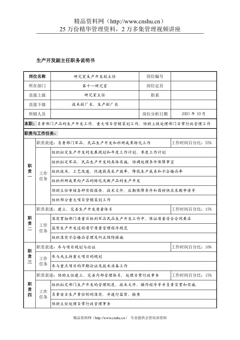 航材院第十一研究室生产开发副主任职务说明书