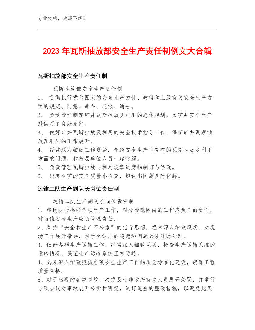 2023年瓦斯抽放部安全生产责任制例文大合辑