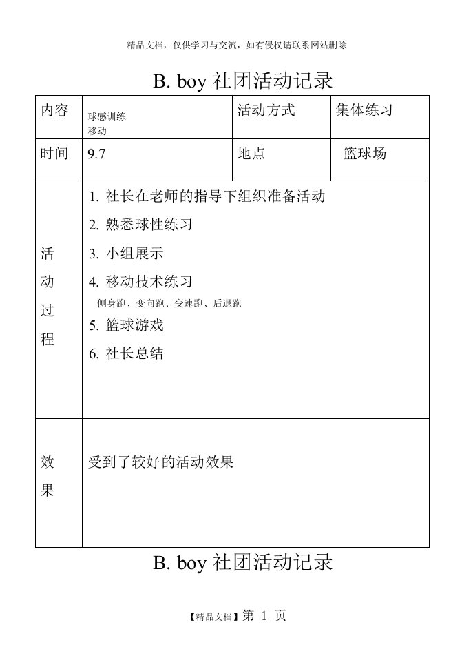 小学篮球社团活动记录