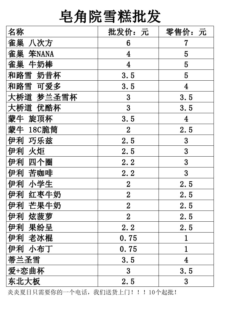 雪糕批发价格表