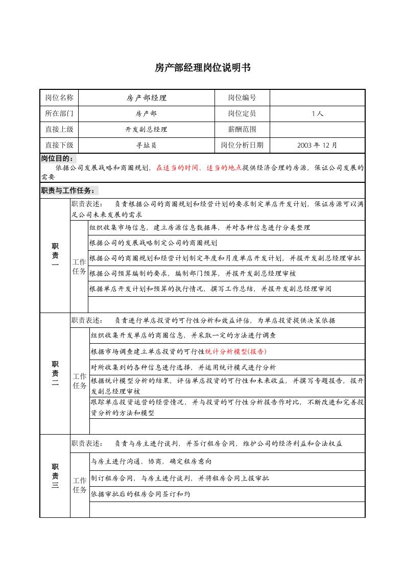 餐饮企业房产部经理岗位说明书l