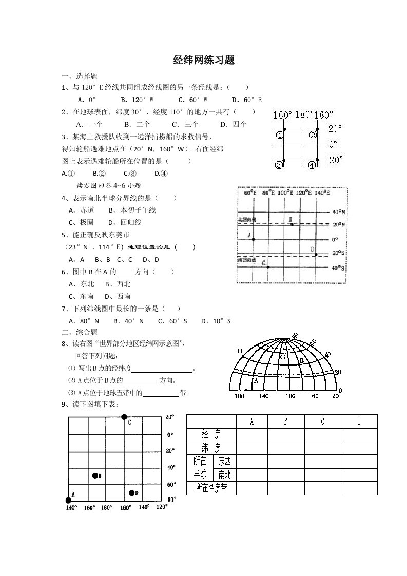 地理七年级上人教新课标1.1地球和地球仪经纬网综合练习题