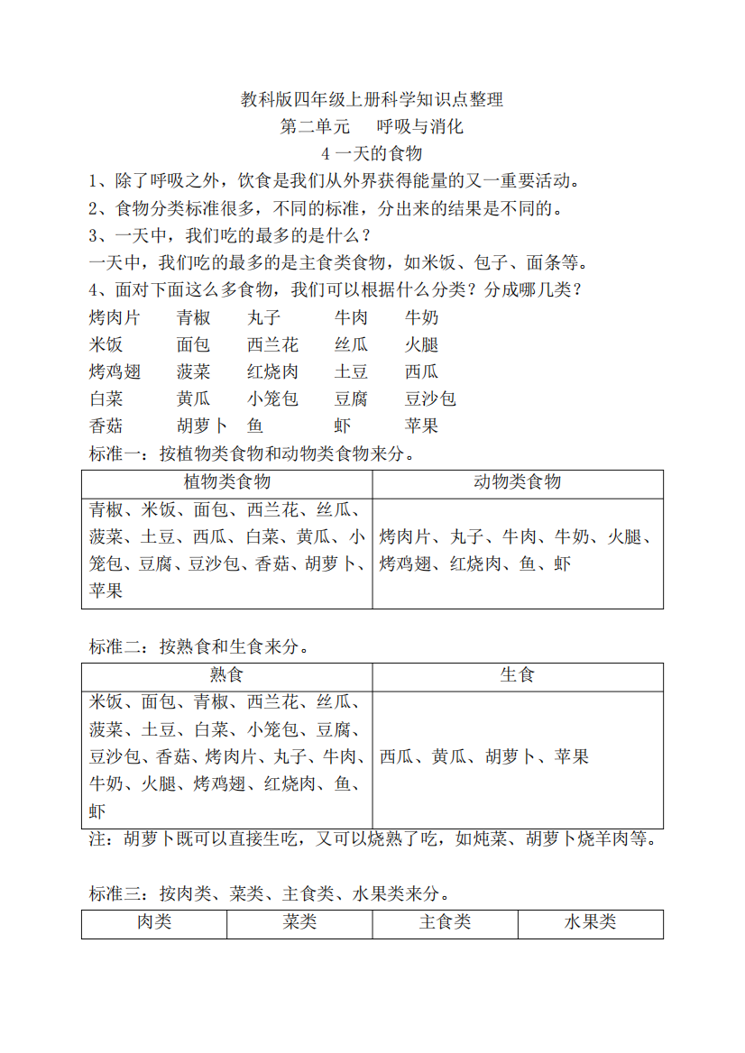 新教科版四年级上册科学2.4一天的食物