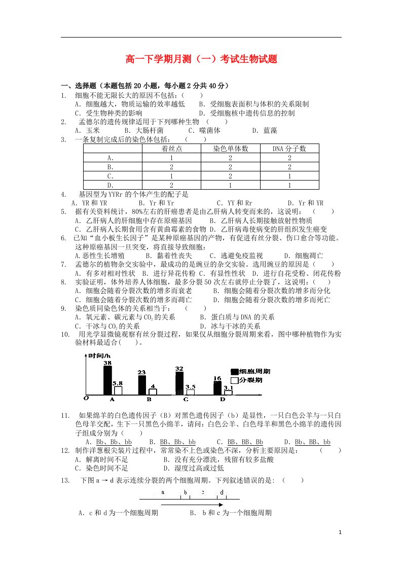 广东省云浮市新兴一中高一生物下学期月测考试试题（一）新人教版