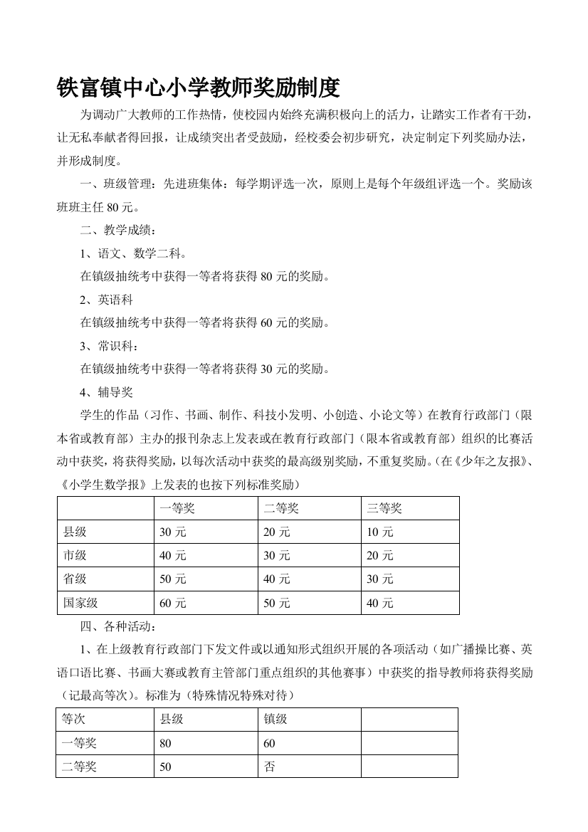 铁富镇中心小学教师奖励制度