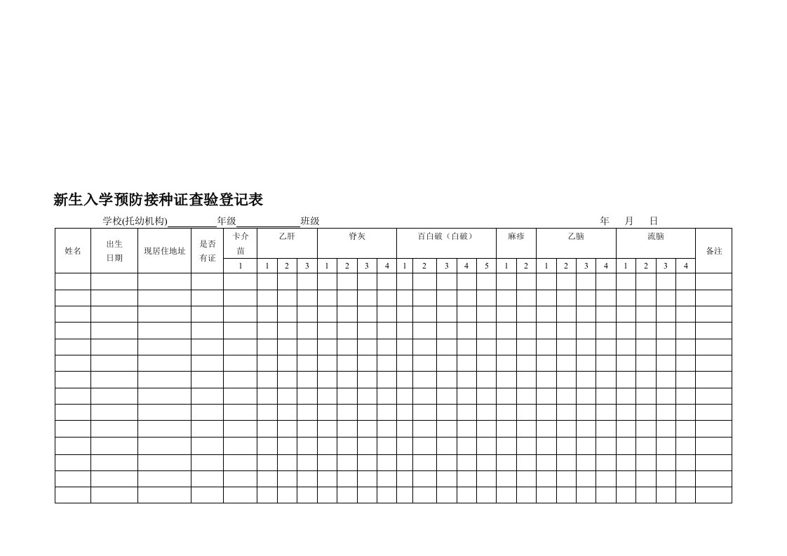 新生入学预防接种证查验登记表