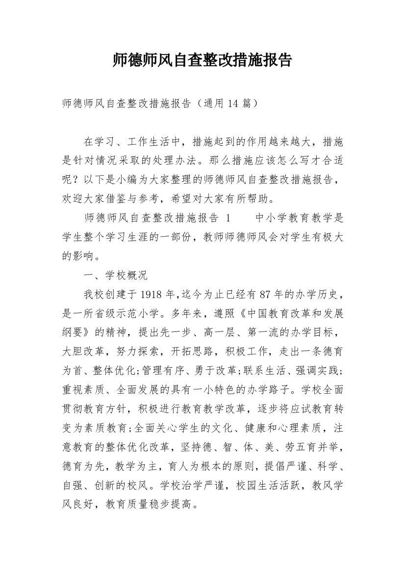 师德师风自查整改措施报告