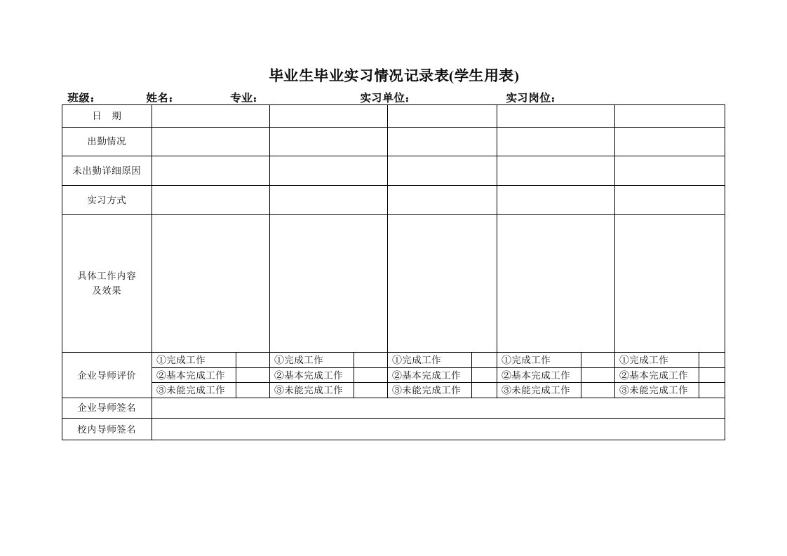 毕业生实习情况记录表(学生用表)