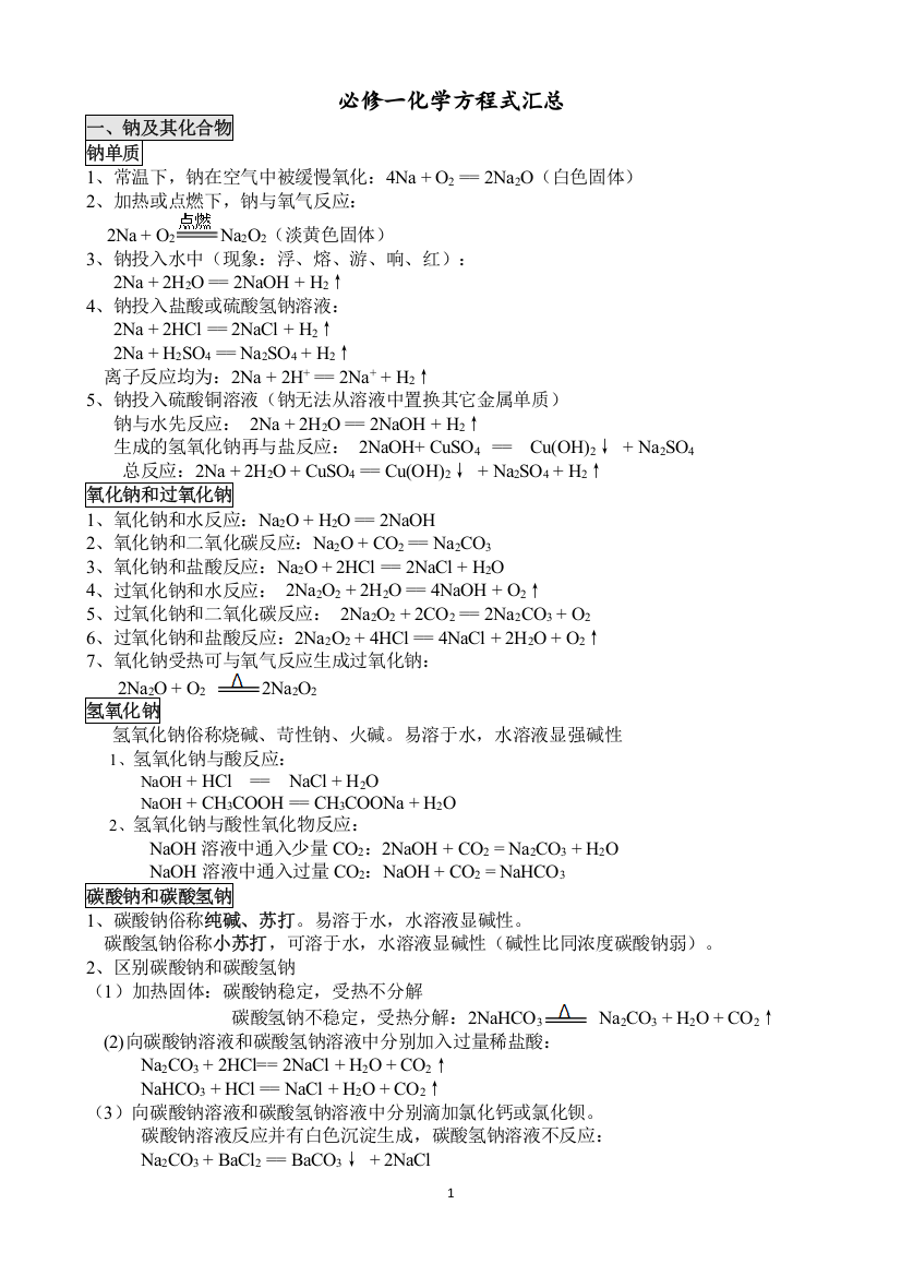 (完整)必修一化学方程式总结-推荐文档