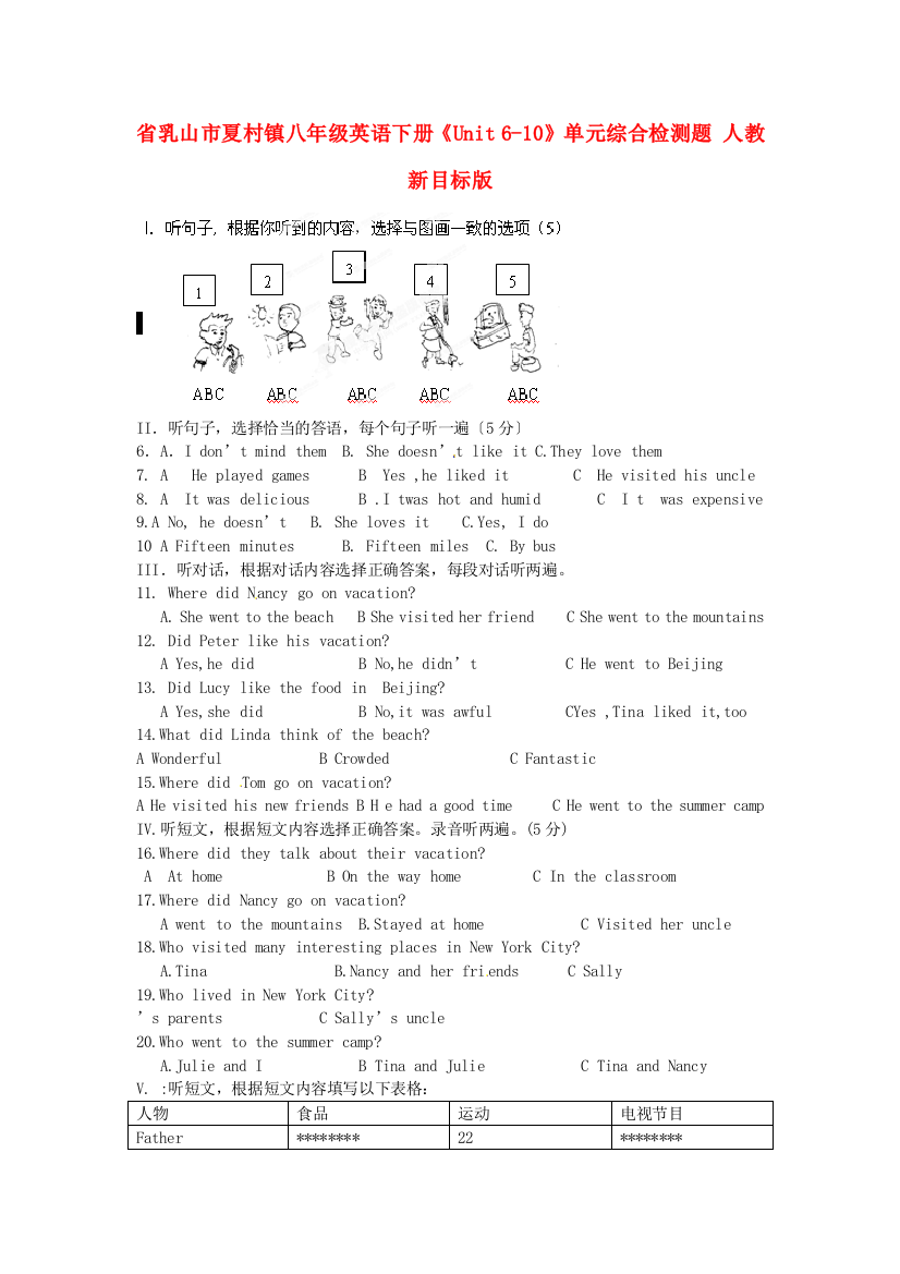 乳山市夏村镇初级八年级英语下册《Unit610》单元综