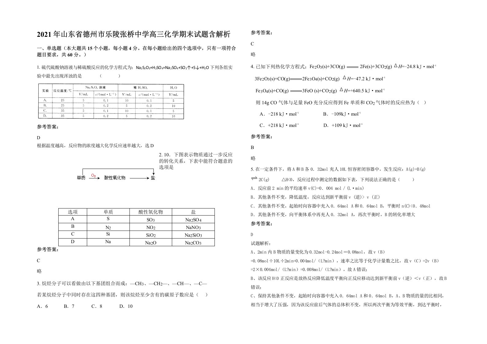 2021年山东省德州市乐陵张桥中学高三化学期末试题含解析