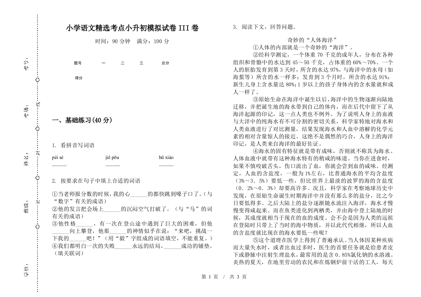 小学语文精选考点小升初模拟试卷III卷