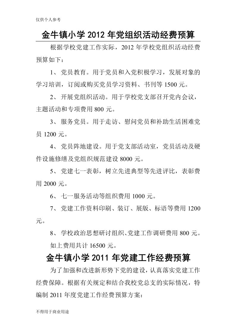 金牛镇小学2012年党组织活动经费预算