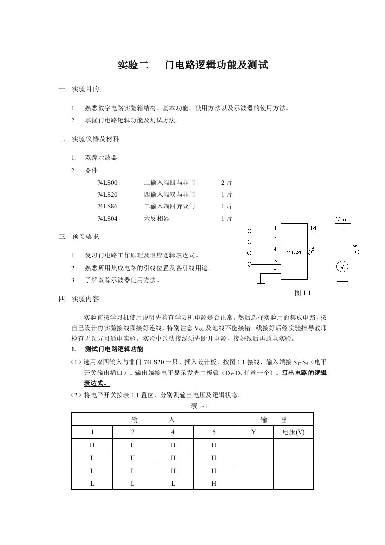 门电路逻辑功能及测试