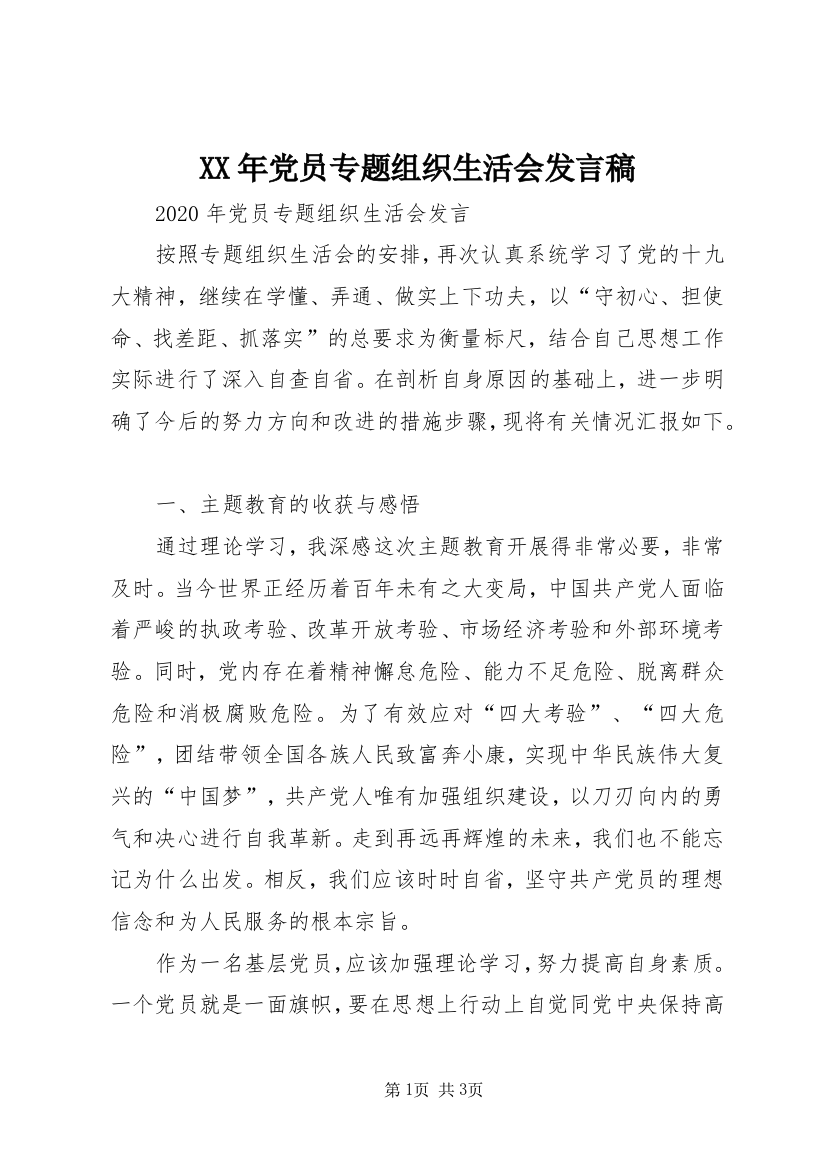 XX年党员专题组织生活会发言稿