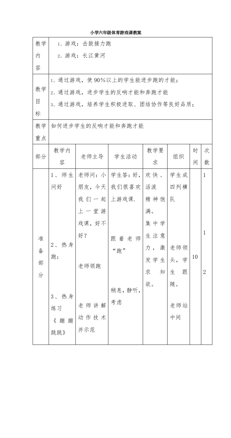 小学六年级体育游戏课教案