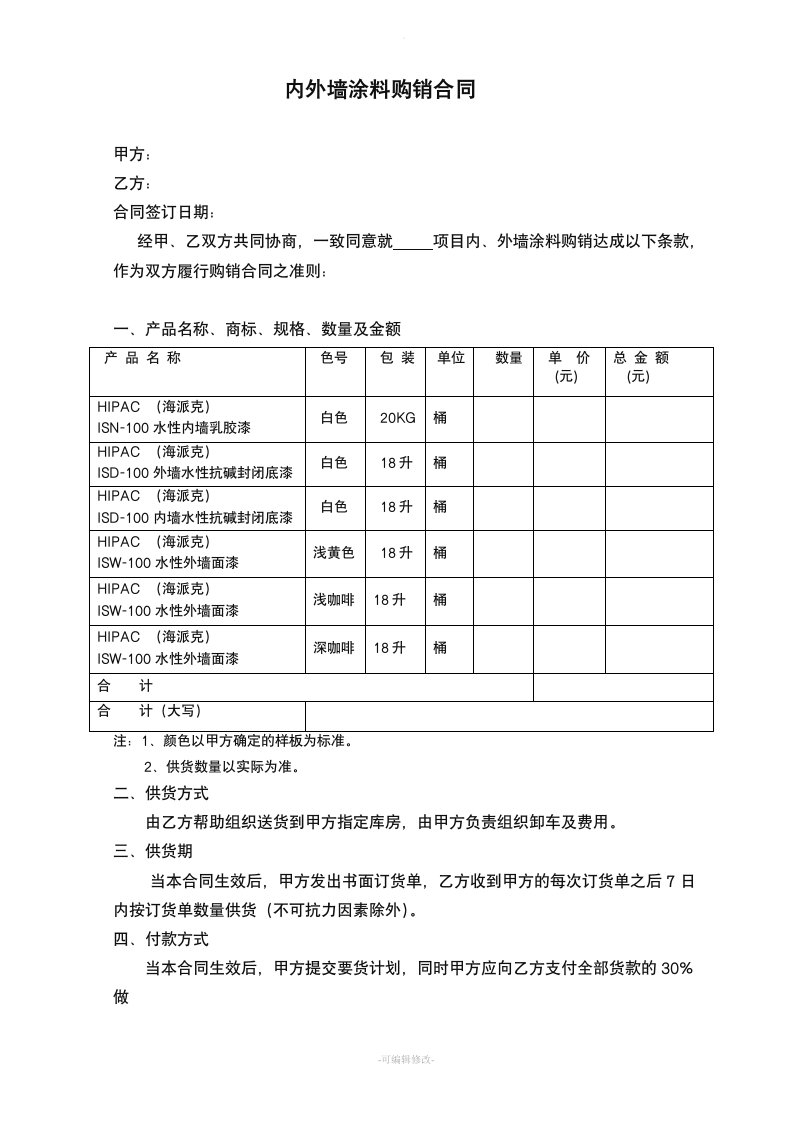 涂料购销合同范本