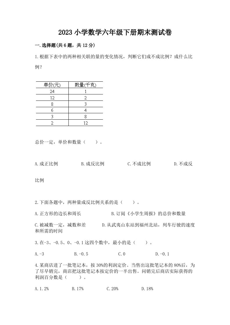 2023小学数学六年级下册期末测试卷（精练）