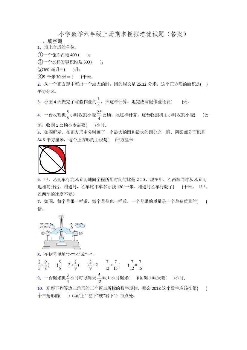 小学数学六年级上册期末模拟培优试题(答案)