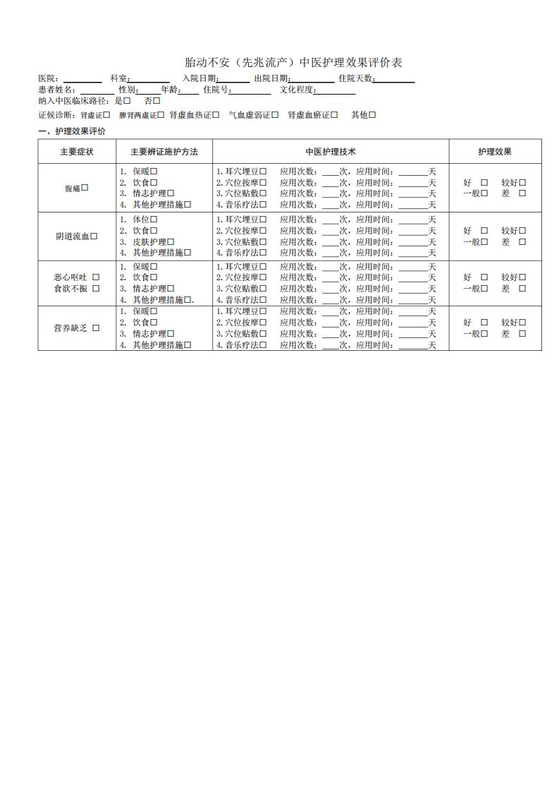 胎动不安中医护理效果评价表