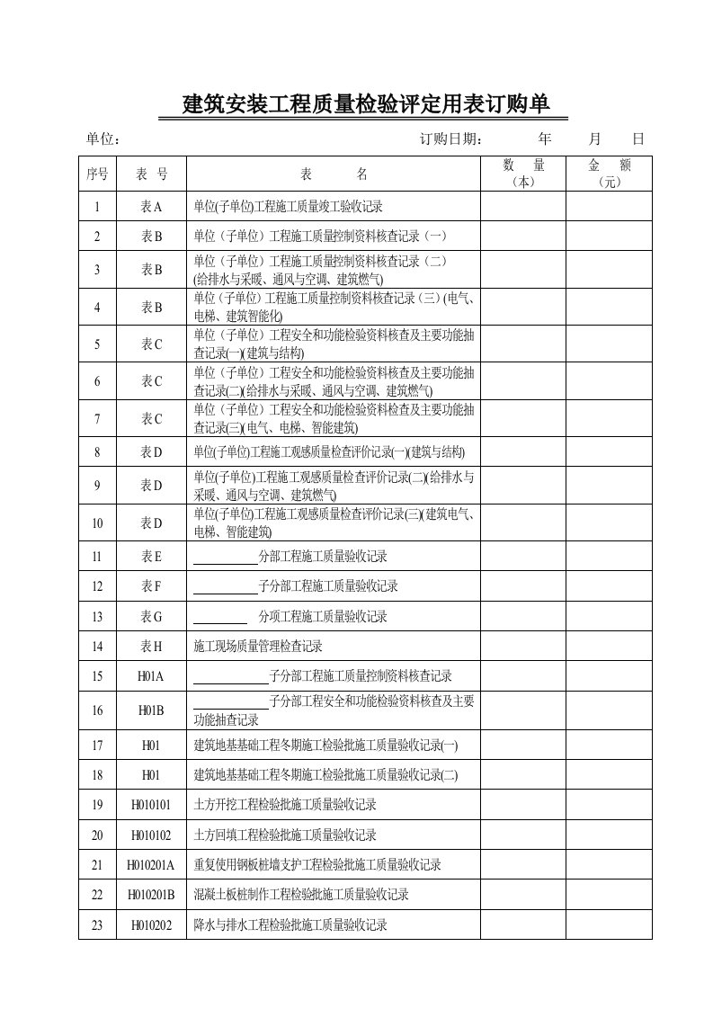 建筑安装工程质量检验评定用表订购单