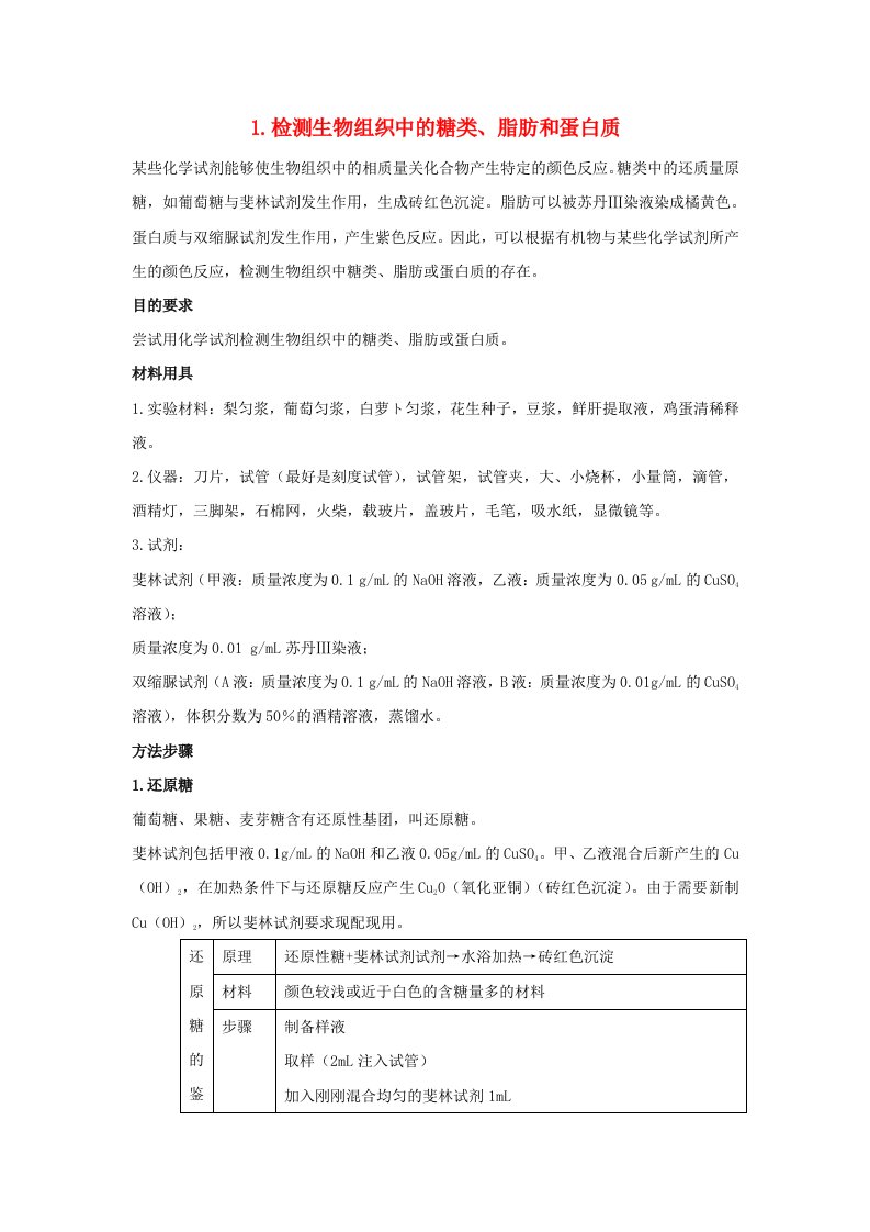 2023届高考生物考前梳理必修1分子与细胞实验1.检测生物组织中的糖类脂肪和蛋白质