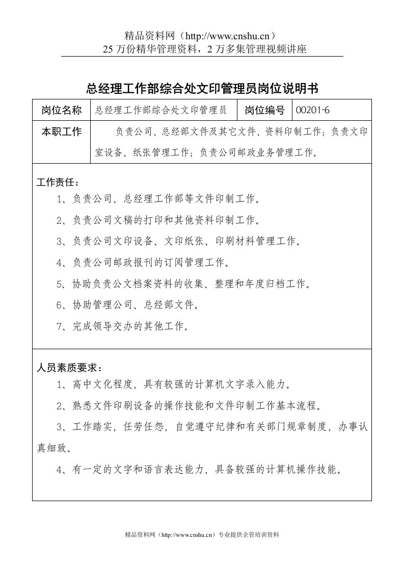 总经理工作部综合处文印管理员岗位说明书