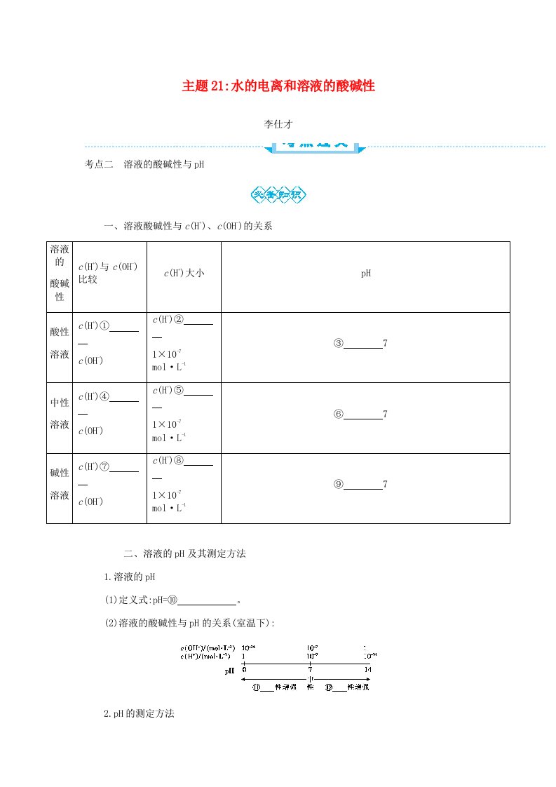 2019高考化学一轮复习主题21水的电离和溶液的酸碱性3含解析