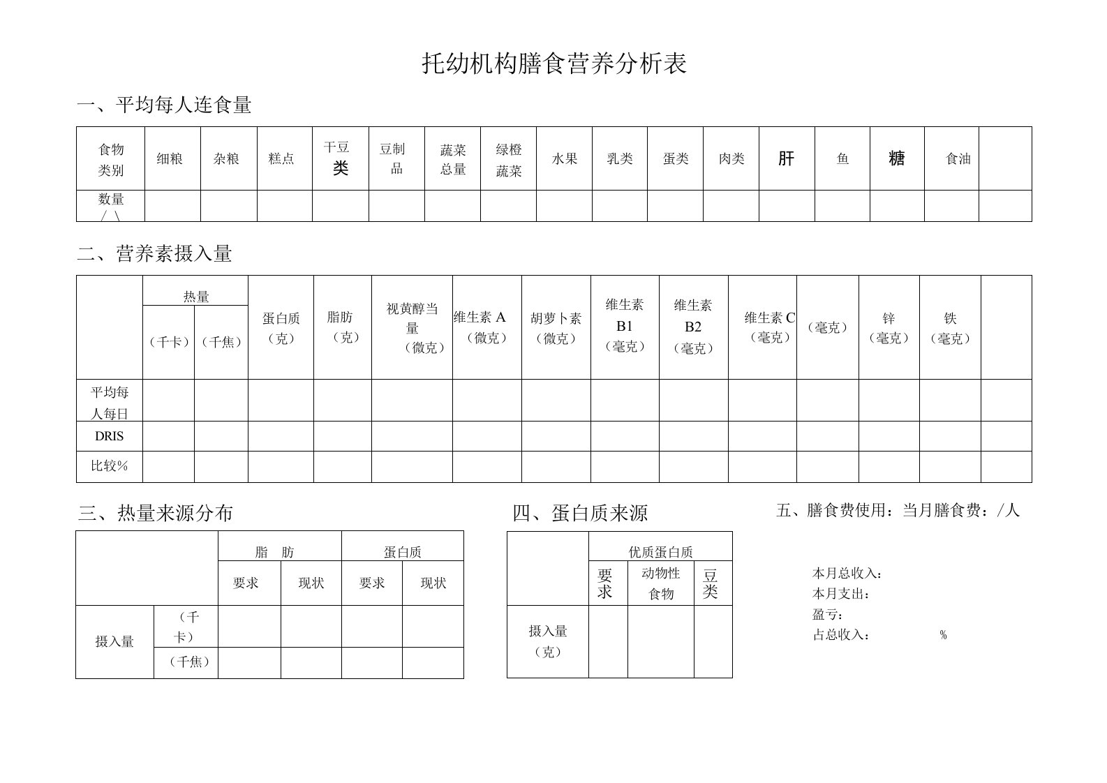 托幼机构膳食营养分析表