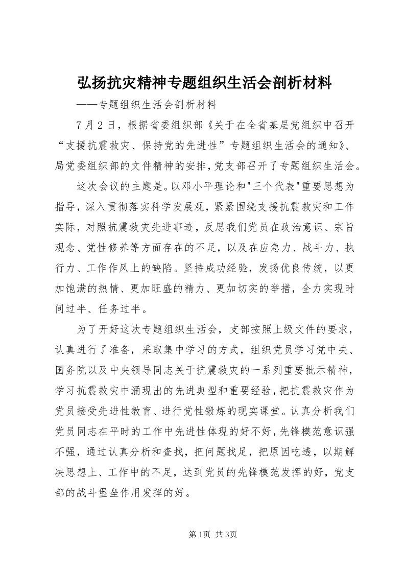 3弘扬抗灾精神专题组织生活会剖析材料