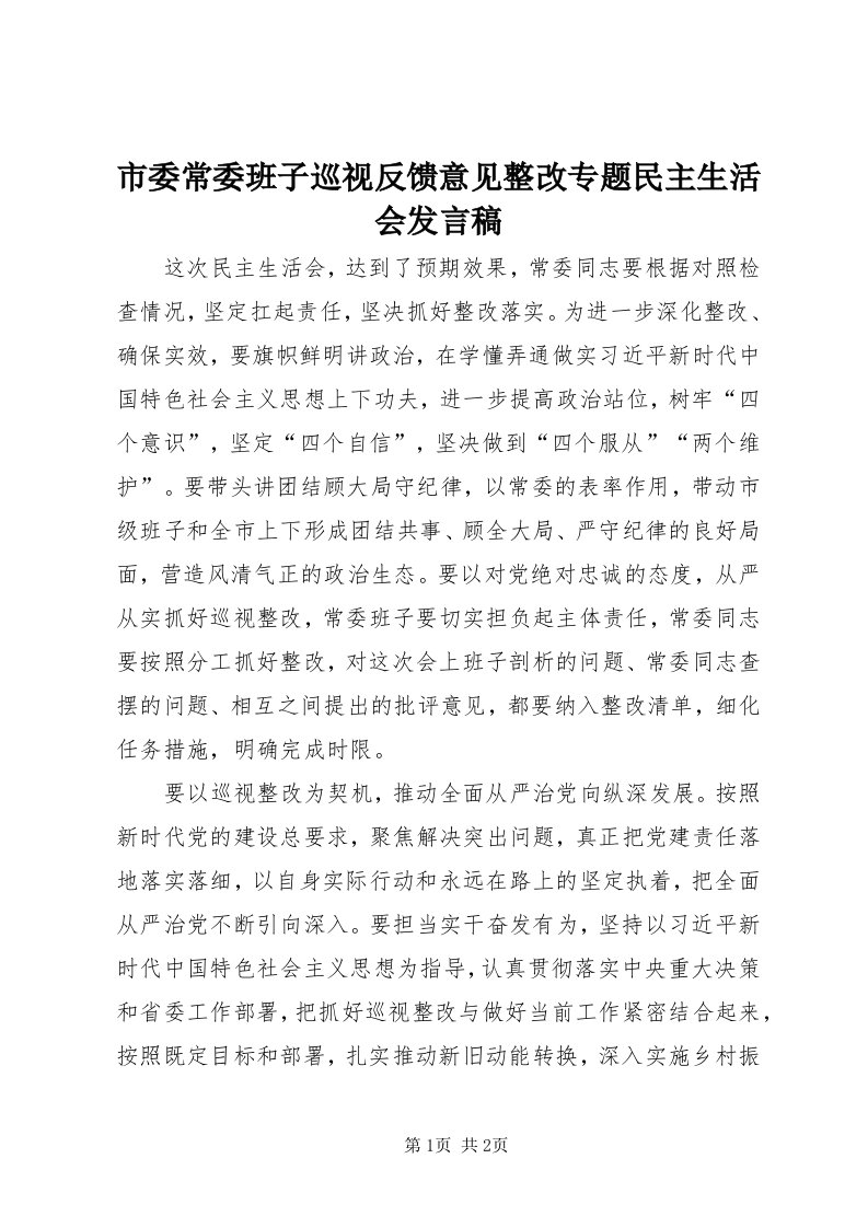 5市委常委班子巡视反馈意见整改专题民主生活会讲话稿