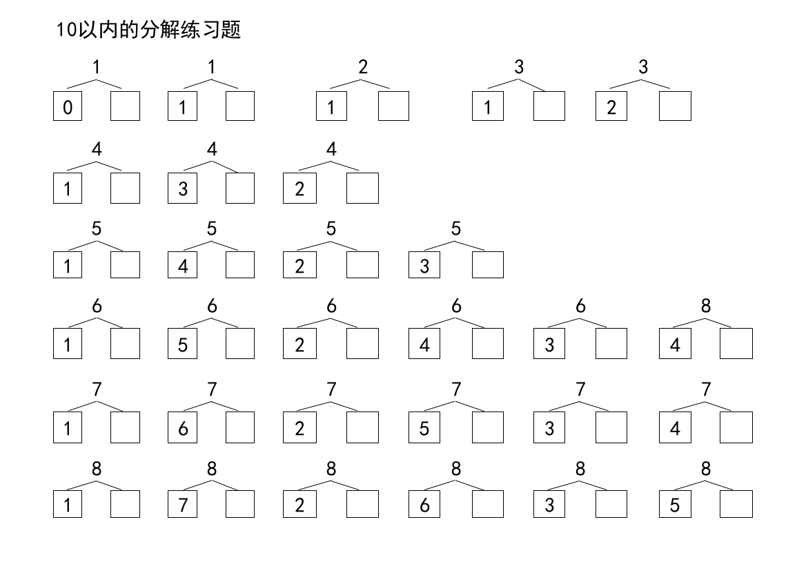 小学入学考试-以内的数字分解练习题-分四种练习模式-