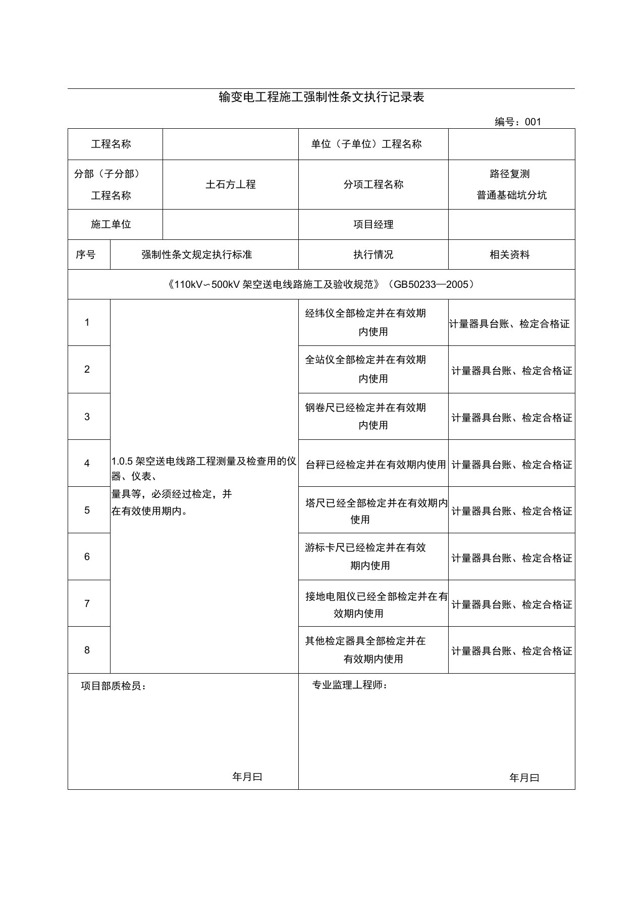 输变电工程施工强制性条文执行记录表