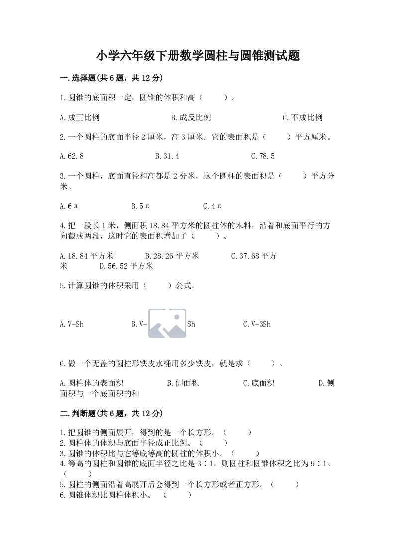 小学六年级下册数学圆柱与圆锥测试题及一套完整答案