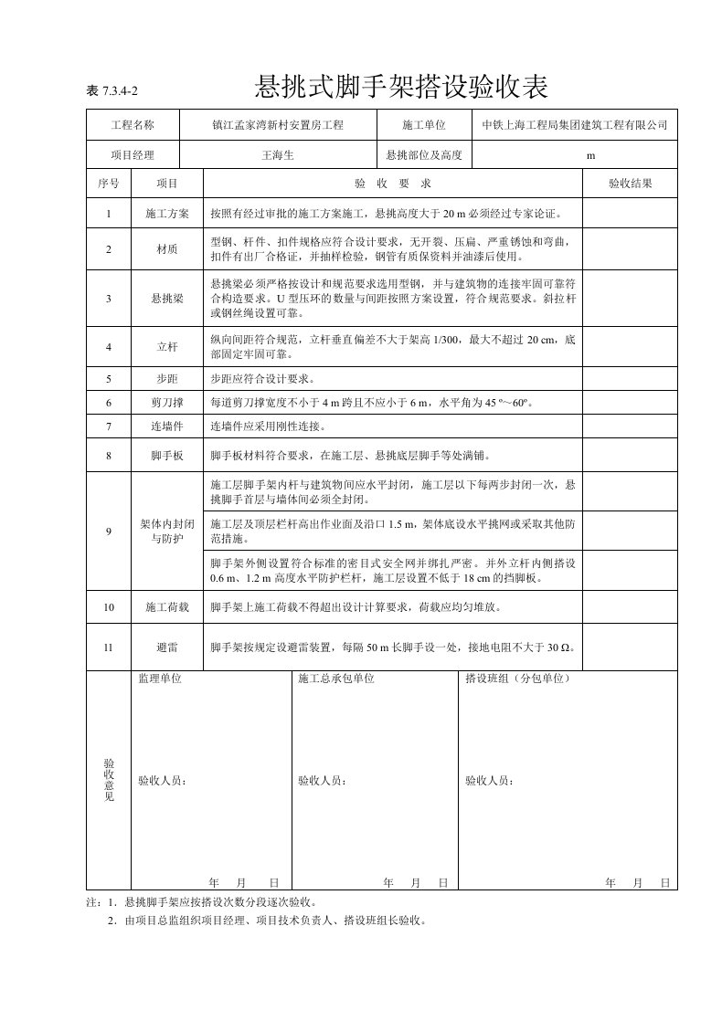 悬挑式脚手架验收表