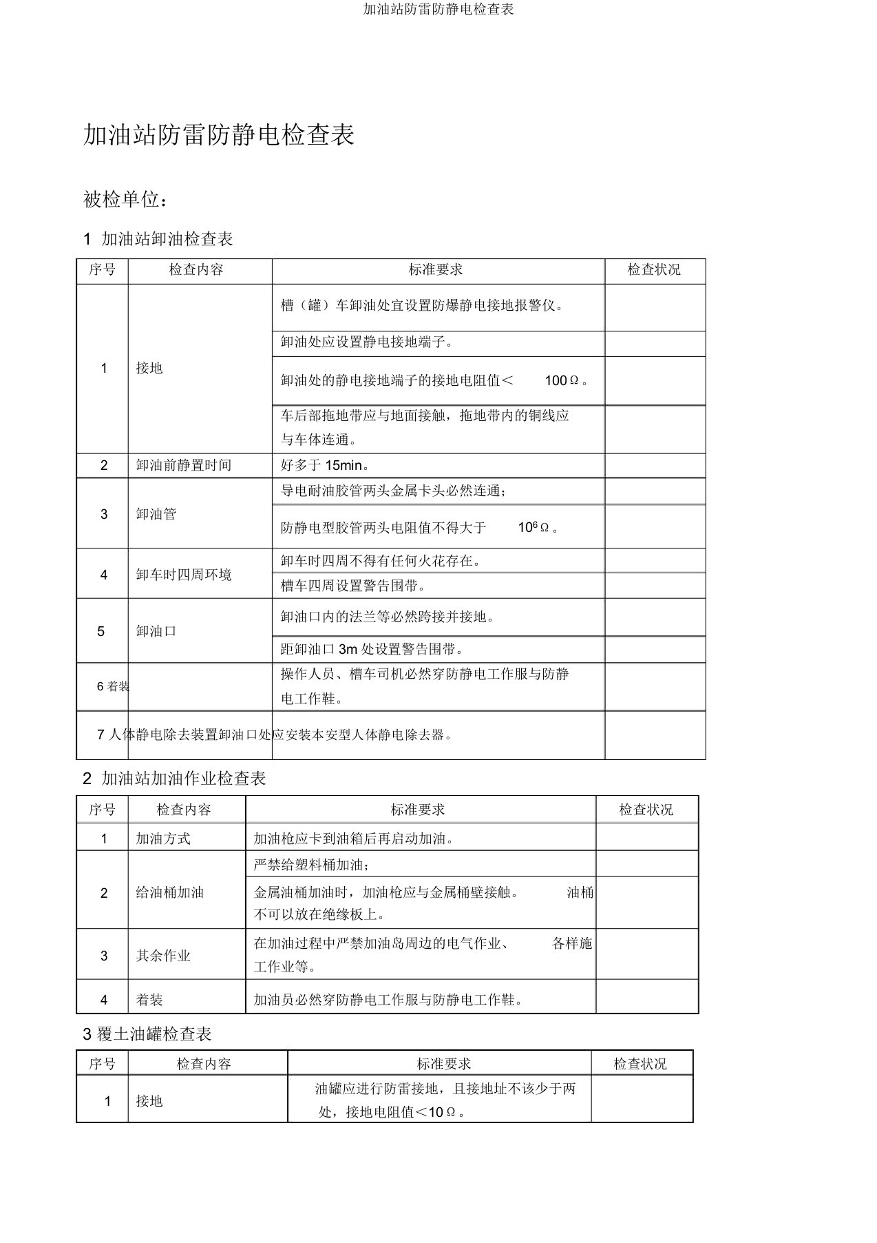 加油站防雷防静电检查表