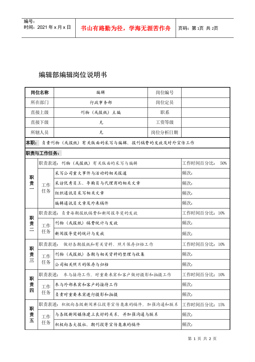 制鞋企业编辑部编辑岗位说明书