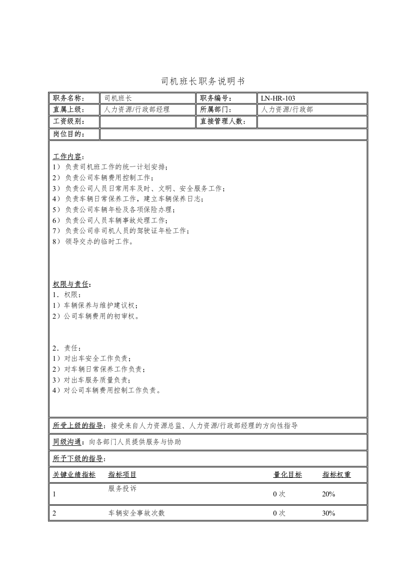 司机班长职务说明书