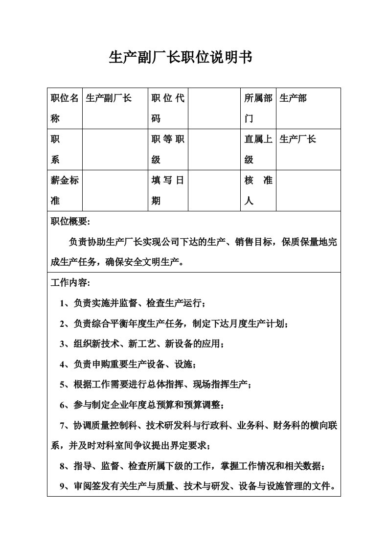 岗位职责-生产制造型企业生产副厂长职位说明书