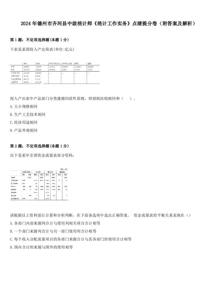 2024年德州市齐河县中级统计师《统计工作实务》点睛提分卷（附答案及解析）