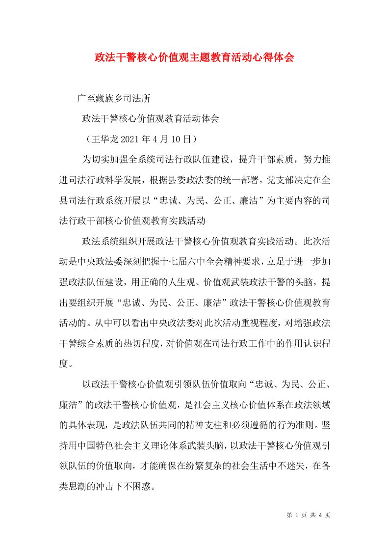 政法干警核心价值观主题教育活动心得体会（五）